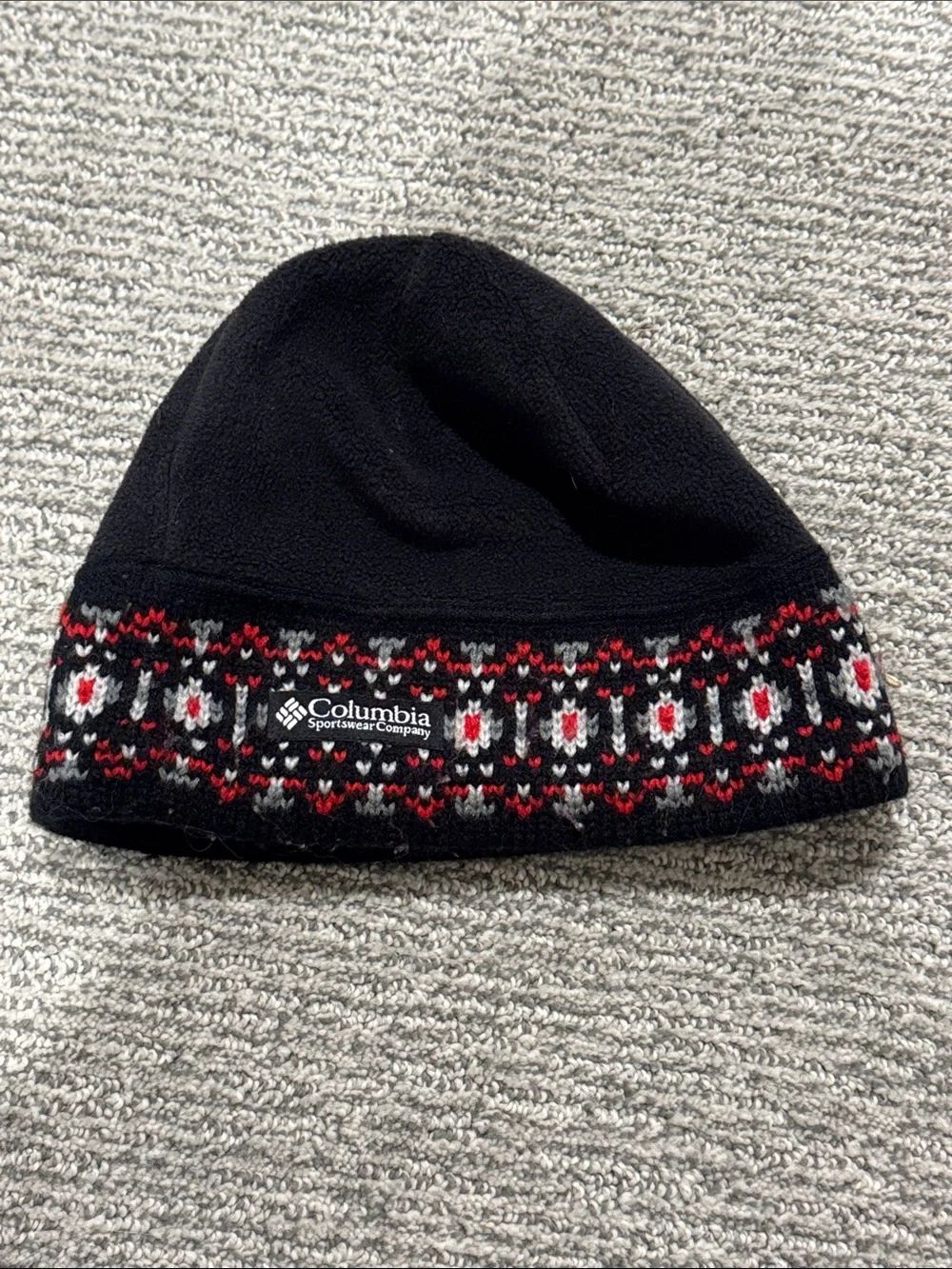 Columbia Black Fleece Beanie with Red and White Fair Isle Trim